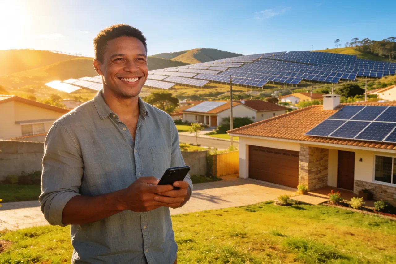 Bandeira tarifária e economia com energia solar: casa em Minas Gerais sob sol forte com fazenda solar ao fundo