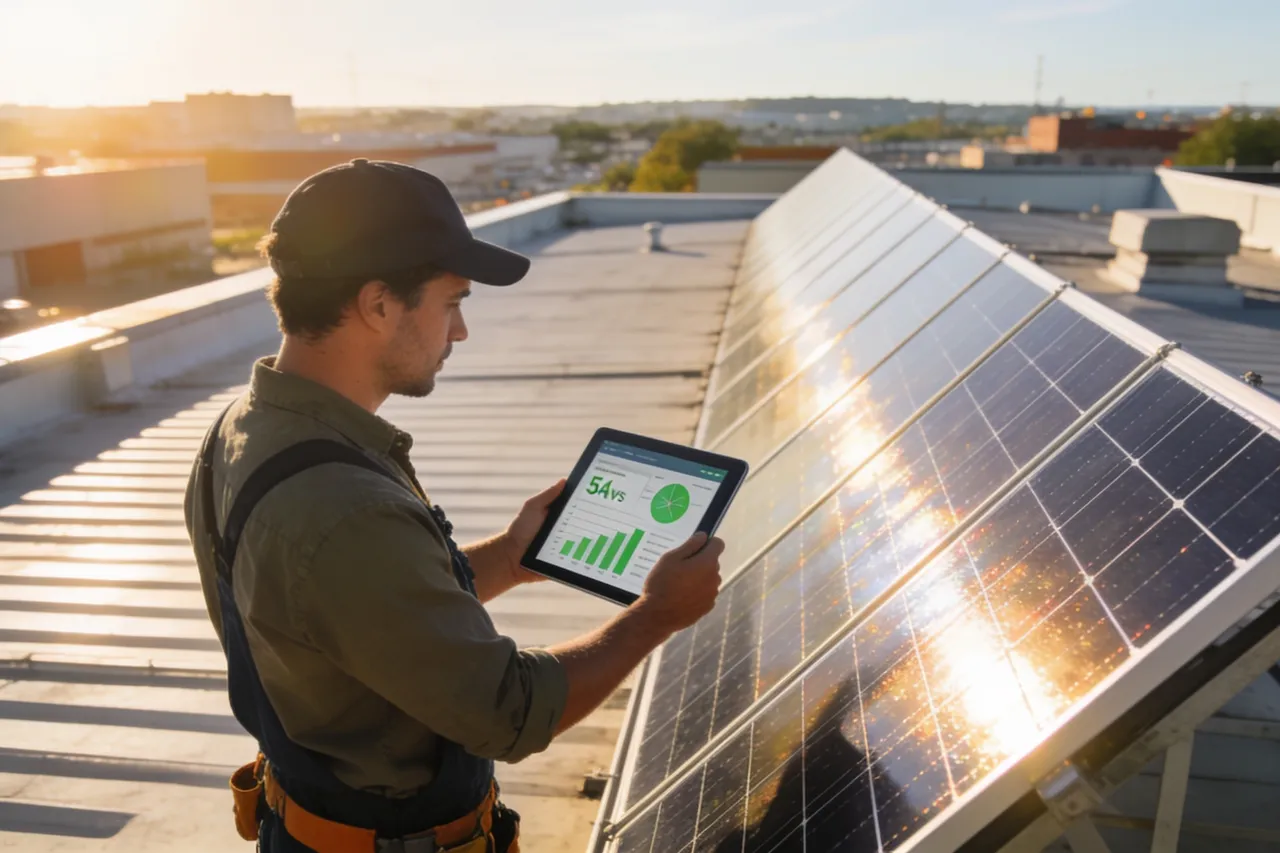 Energia solar por assinatura para pequenas empresas: empresário com painéis solares