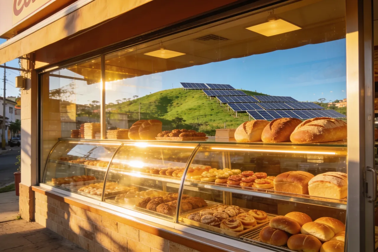 Fachada de padaria brasileira com fazenda solar ao fundo — energia solar por assinatura para padarias