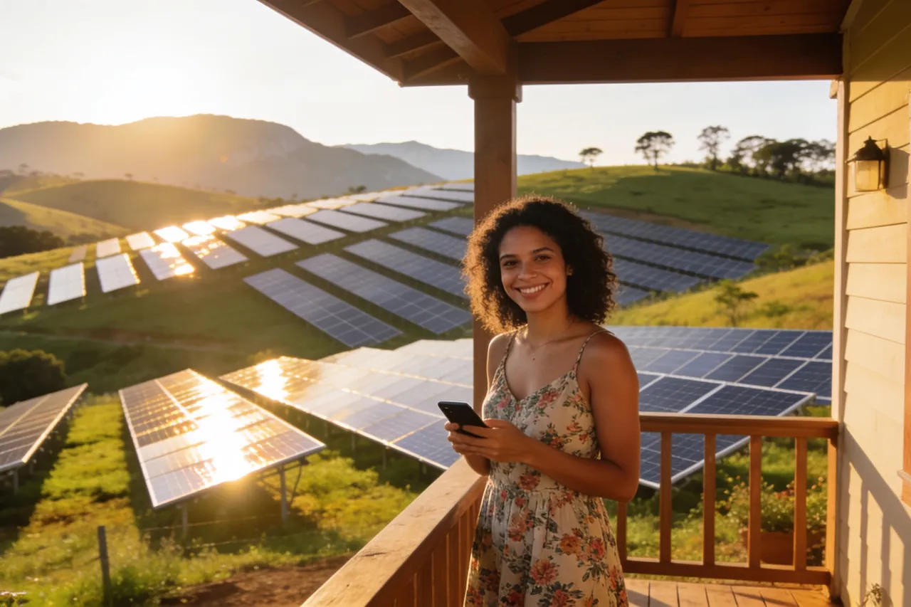 Moradora de Minas Gerais consulta a conta de luz no celular com fazenda solar ao fundo — prazo para começar a economizar com energia solar por assinatura